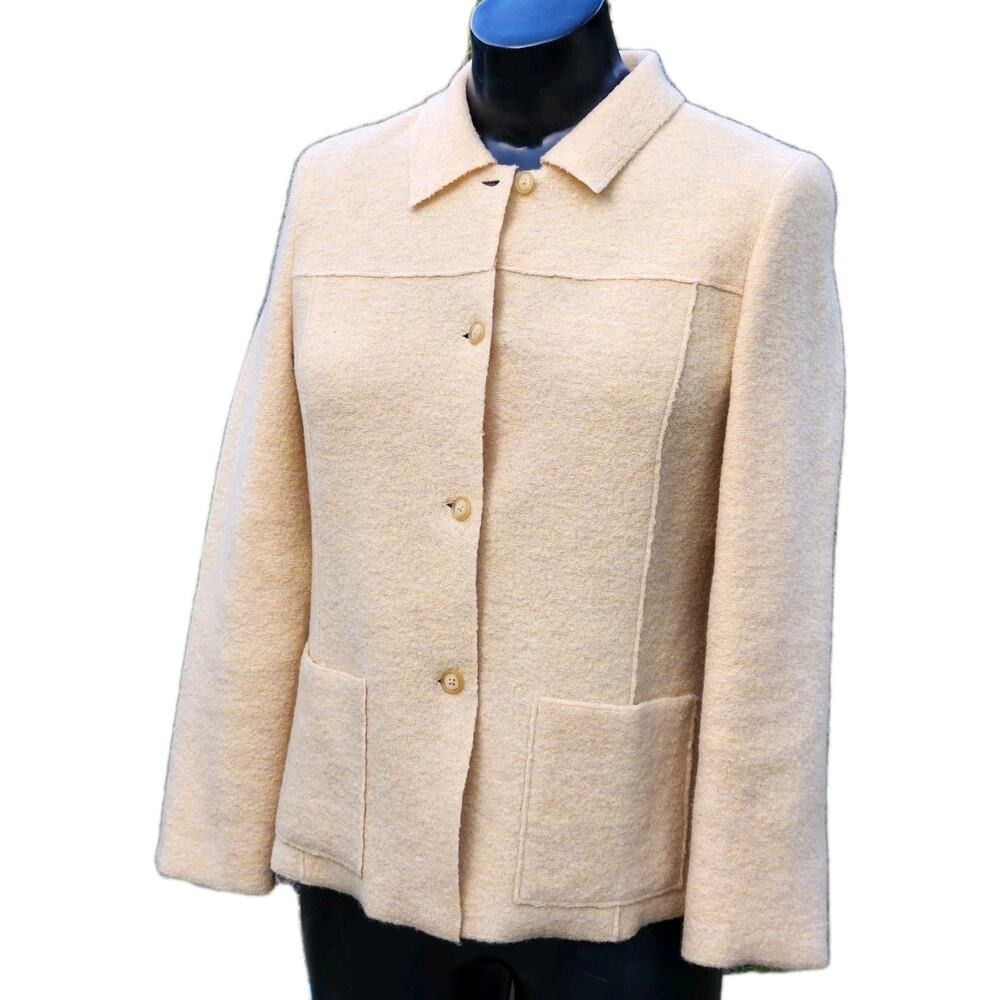Luxury Butter Yellow Boiled Wool Spring Cardigan Sweater Lands End 12 medium art